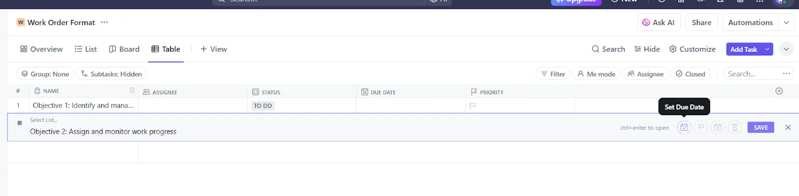 Configure seu espaço de trabalho usando a visualização de tabela do ClickUp