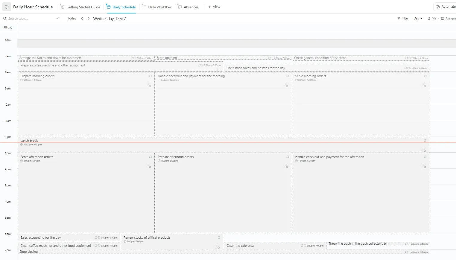 เทมเพลตตารางเวลาประจำวันของ ClickUp: เทมเพลตเปล่าพร้อมรูปแบบตารางเวลาเป็นรายชั่วโมง สำหรับวางแผนบทเรียน ช่วงเวลาพัก และกิจกรรมต่างๆ