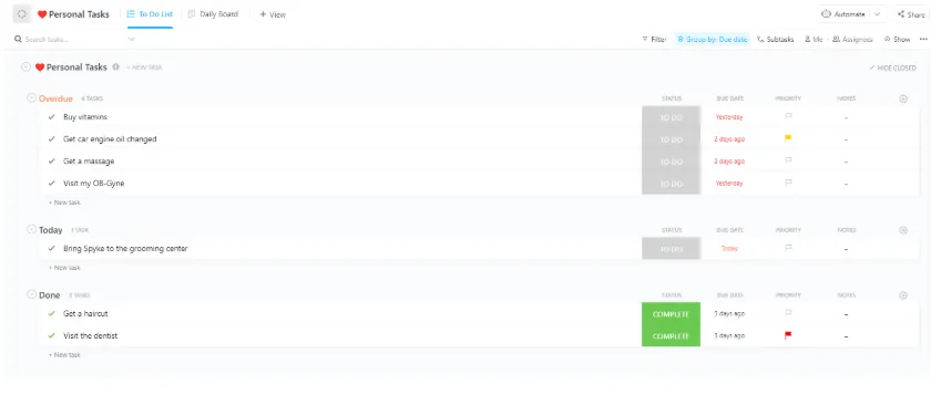 เทมเพลตวางแผนประจำวัน ClickUp: 75 เทมเพลตความท้าทายแบบเบา ฟรี