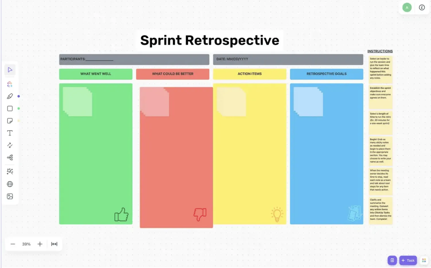 Revise su sprint y documente sus comentarios con la plantilla de lluvia de ideas para retrospectivas de sprint de ClickUp.