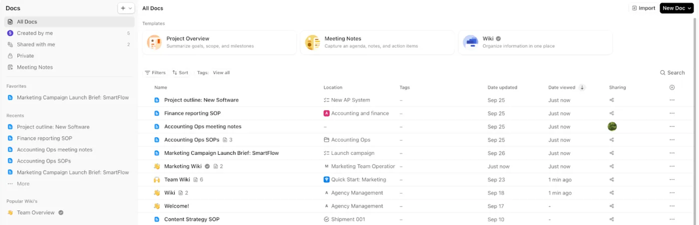 Organiza, busca y genera más documentos desde una ubicación centralizada con el hub de documentos de ClickUp