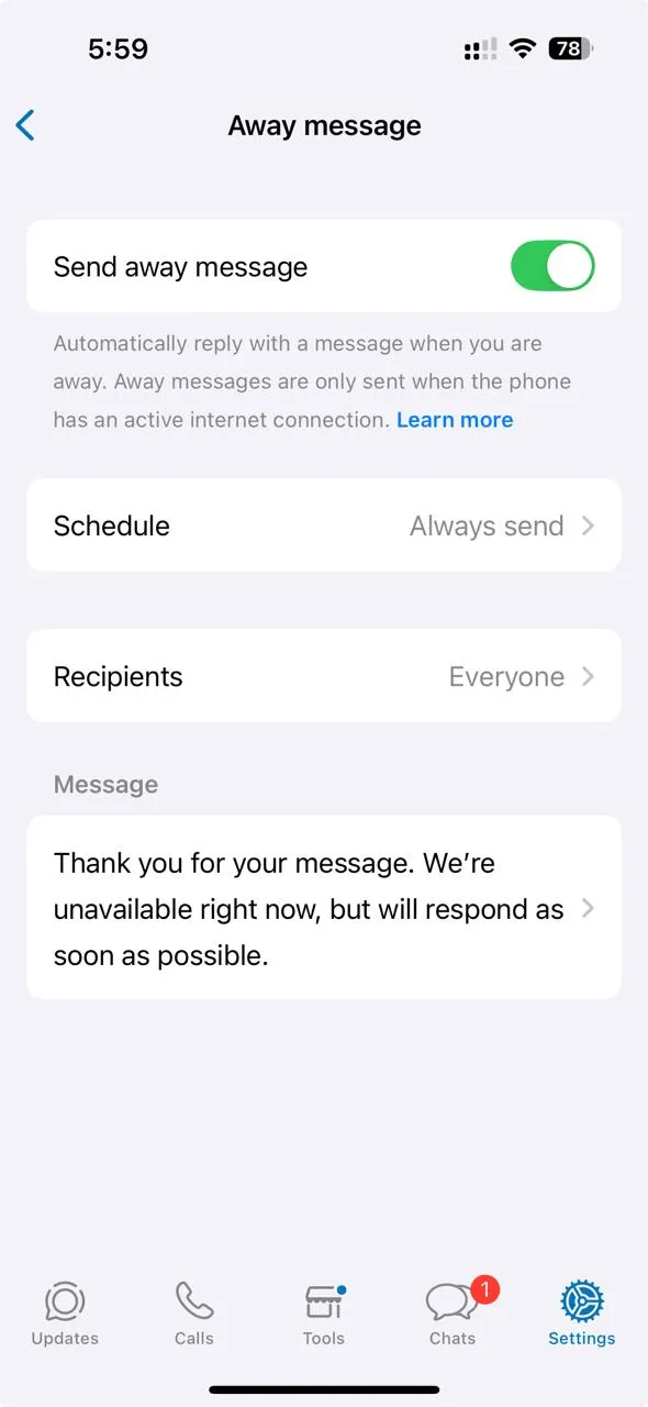 Imposta un "Messaggio di assenza": risposta automatica di WhatsApp