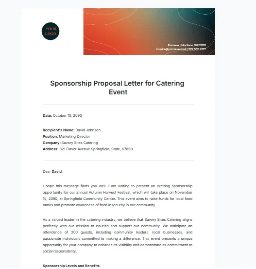Vorlage für Catering-Angebote: Sponsoring-Angebotsschreiben für Catering-Ereignisse von Template.Net