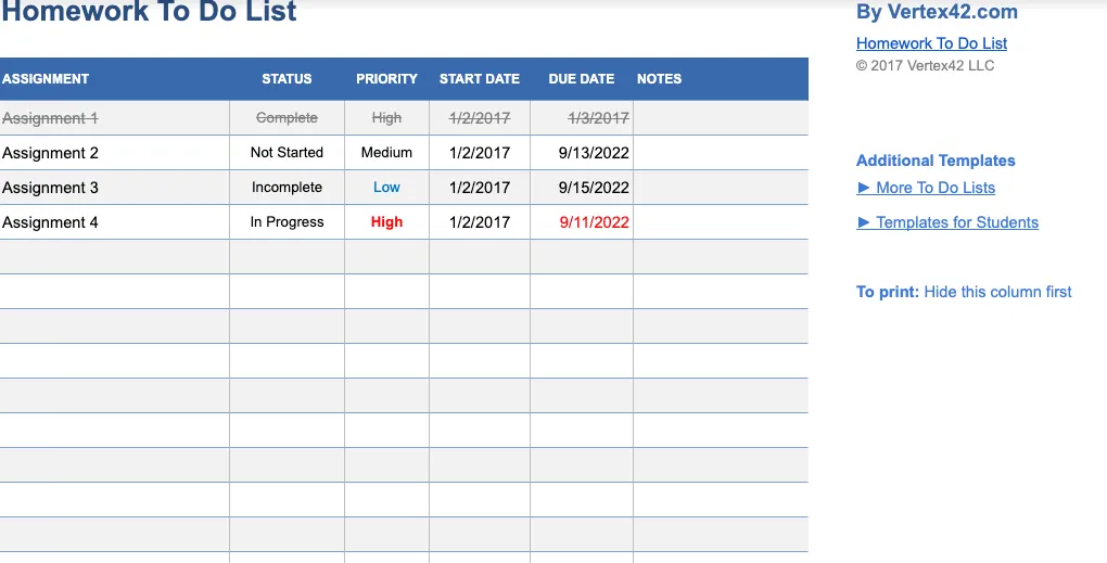 Mẫu danh sách việc cần làm cho bài tập về Excel