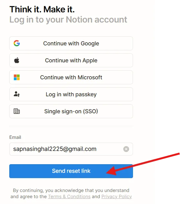 Invia link di reimpostazione: accesso a Notion