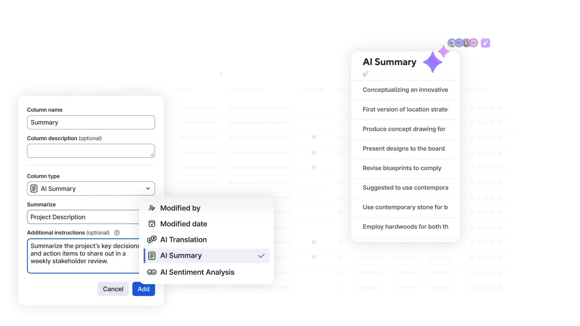 A Smartsheet Smart Assist projektmenedzsmenthez használt AI-ügynök egy projektlap mellett megnyitva
