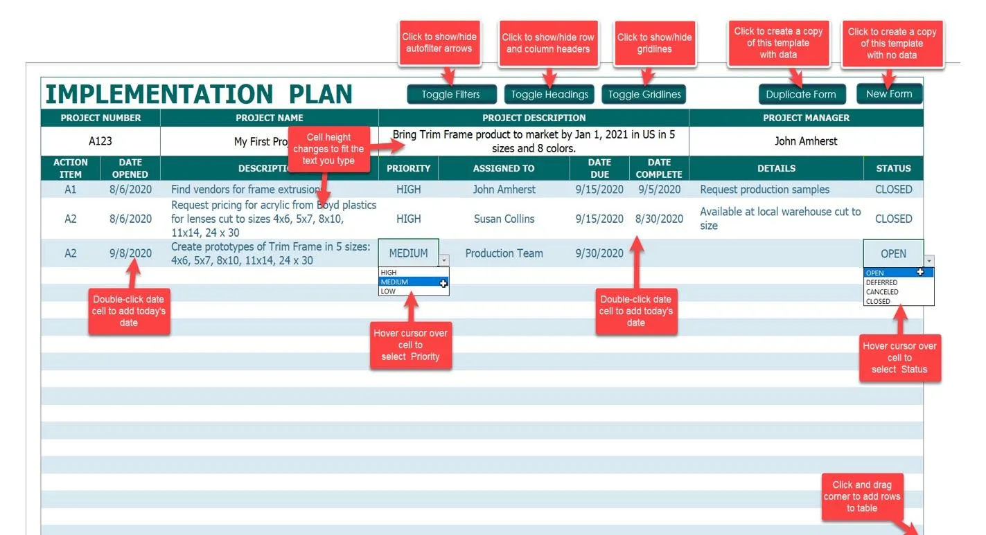 Excel-Vorlage für einen Implementierungsplan