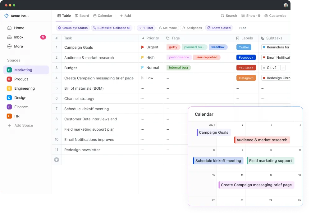 ClickUp 3.0 Ansicht der Tabellen mit Kalender-Paket