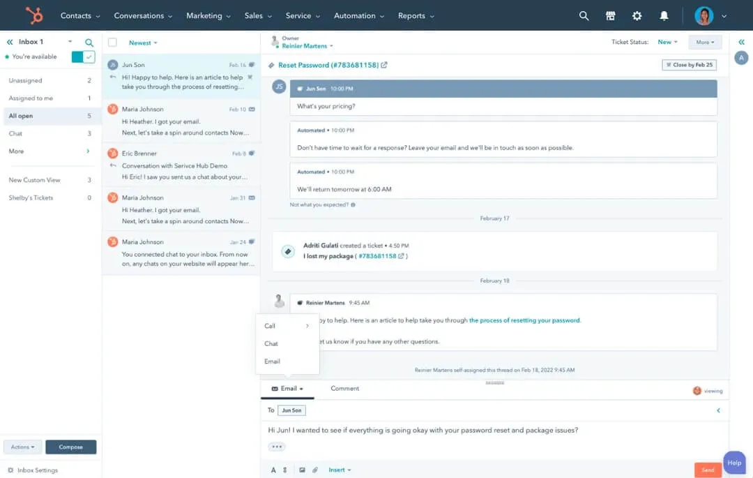 Beantwortung einer Kunden-E-Mail in HubSpot