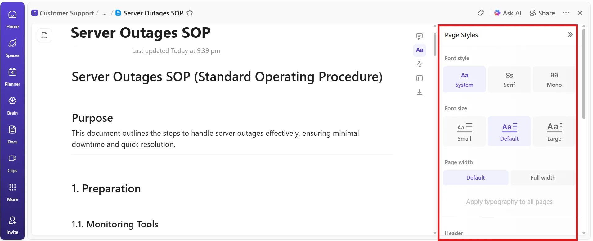 استخدم ميزات التنسيق الغنية في ClickUp Docs لـ SOPs