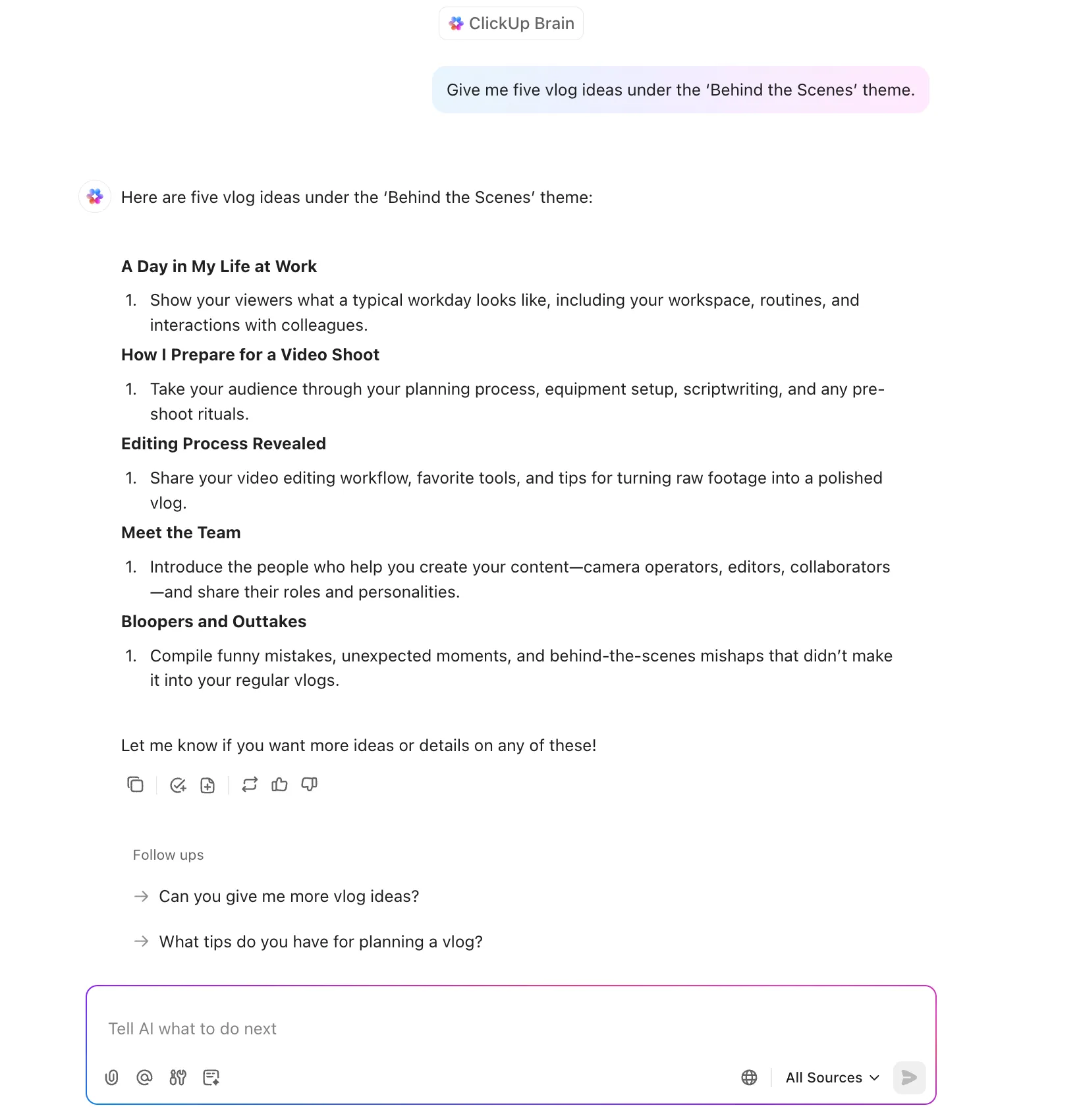 ClickUp Brain으로 무료로 아이디어를 생성하세요!: 동영상 블로그를 만드는 방법