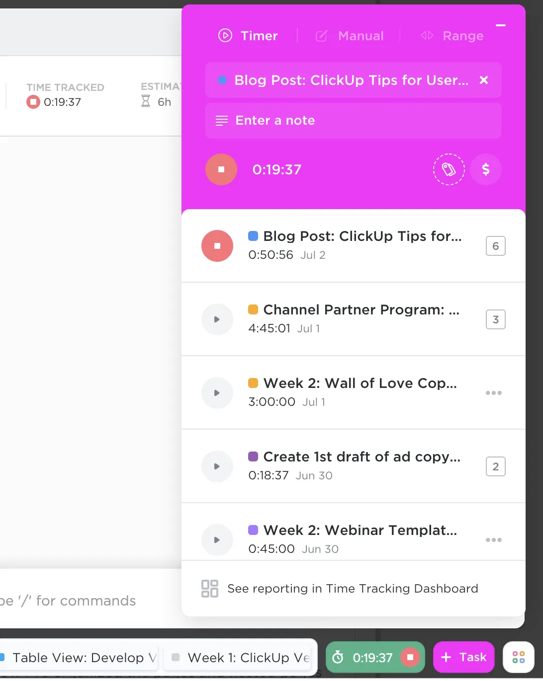 ตัวติดตามเวลาใน ClickUp