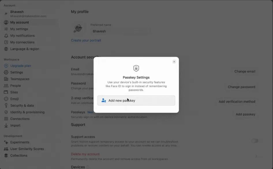 Impostazioni delle passkey: accesso a Notion