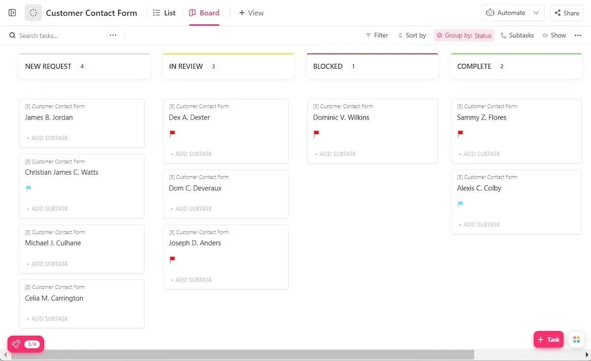 Modèle de formulaire de contact client ClickUp