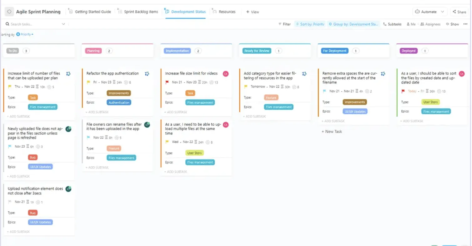 ปรับแต่งเทมเพลตการวางแผน Agile Sprint ของ ClickUp ซึ่งมีสถานะงานที่แตกต่างกัน มุมมองต่างๆ และอื่นๆ อีกมากมาย