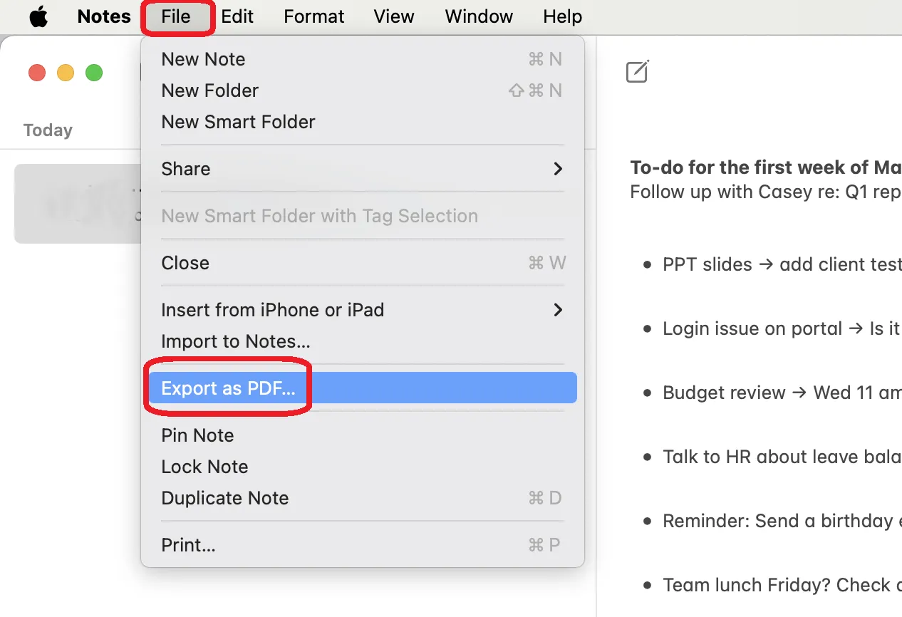 Apple Notes Exporter au format PDF sur Mac