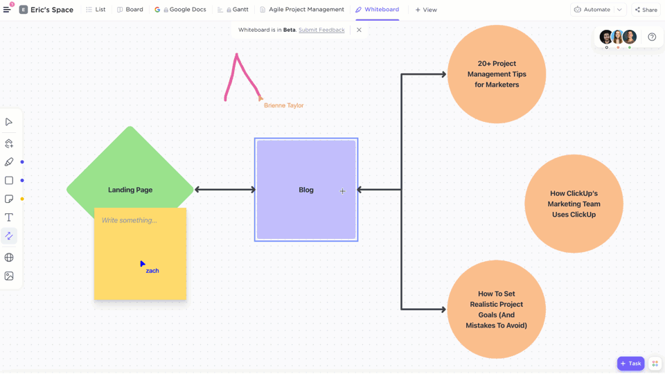 ทำงานร่วมกันแบบเรียลไทม์ด้วย ClickUp Whiteboards