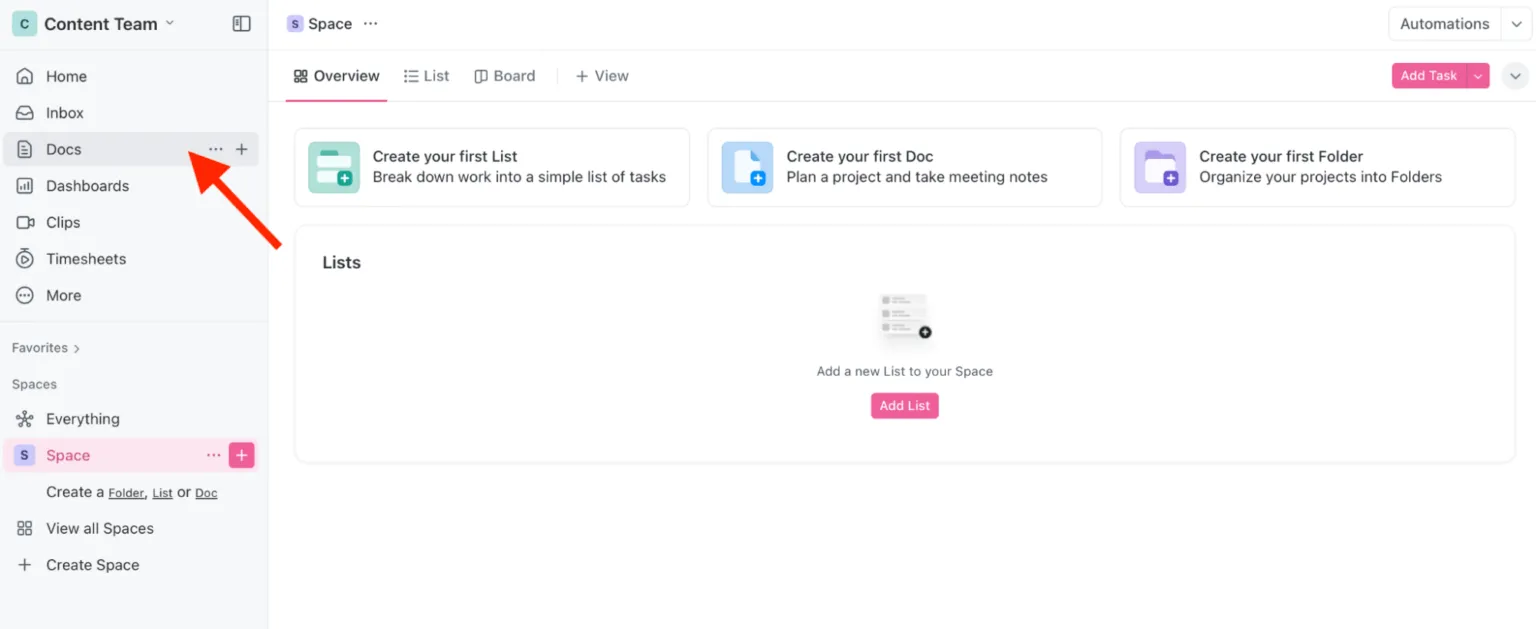 Truy cập Tài liệu trong Không gian Làm việc ClickUp