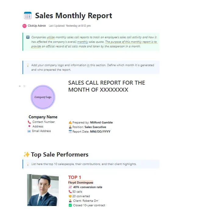 Modèle de rapport mensuel des ventes ClickUp