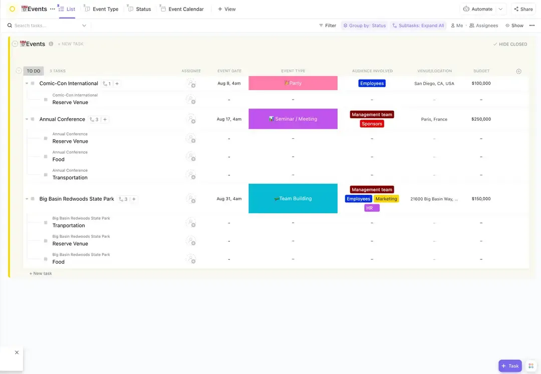 قم بإدارة ميزانيات العديد من الفعاليات باستخدام نموذج ميزانية الفعاليات من ClickUp
