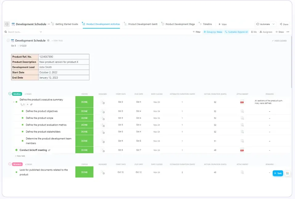 ClickUp 개발 일정 템플릿