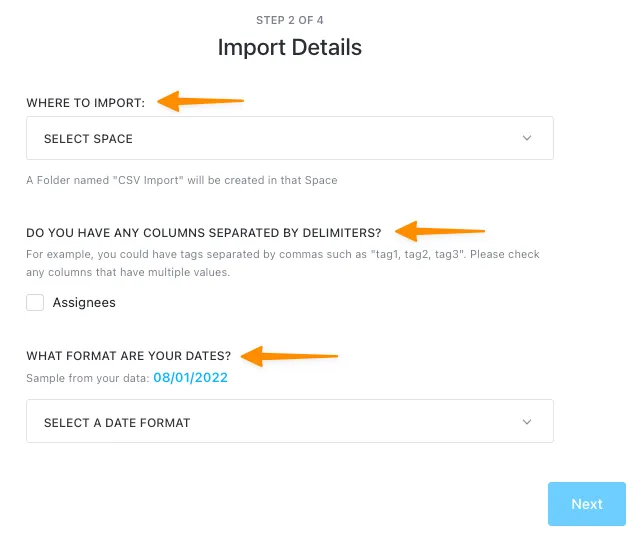 sử dụng danh sách thả xuống để hoàn tất chi tiết nhập vào ClickUp