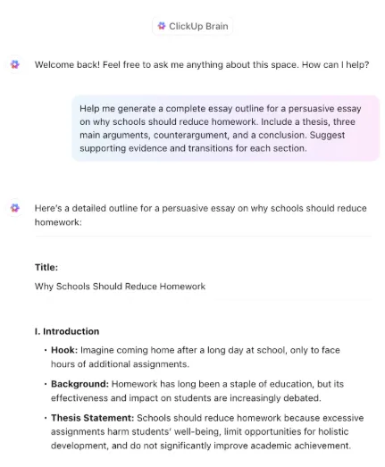ClickUp Brain ; Modèle de plan de dissertation