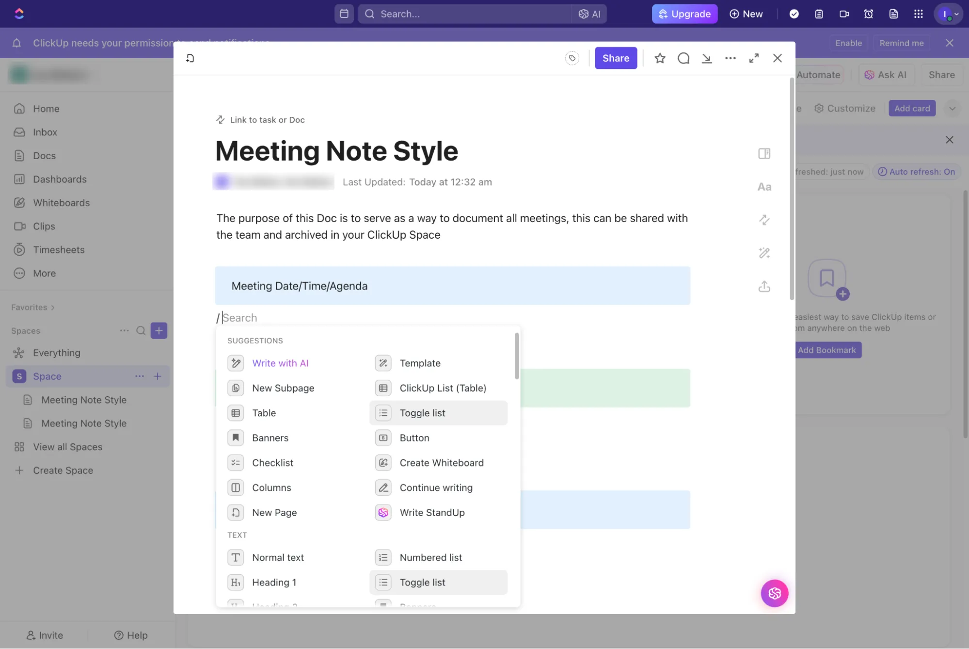 Stile delle note delle riunioni Sfrutta un elenco di strumenti pratici con ClickUp Docs: Trello vs Monday