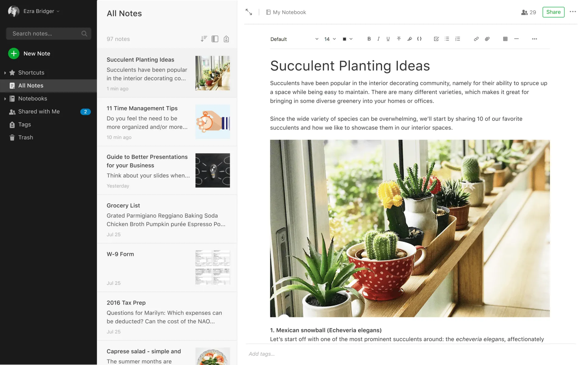 Interfaccia per prendere note di Evernote