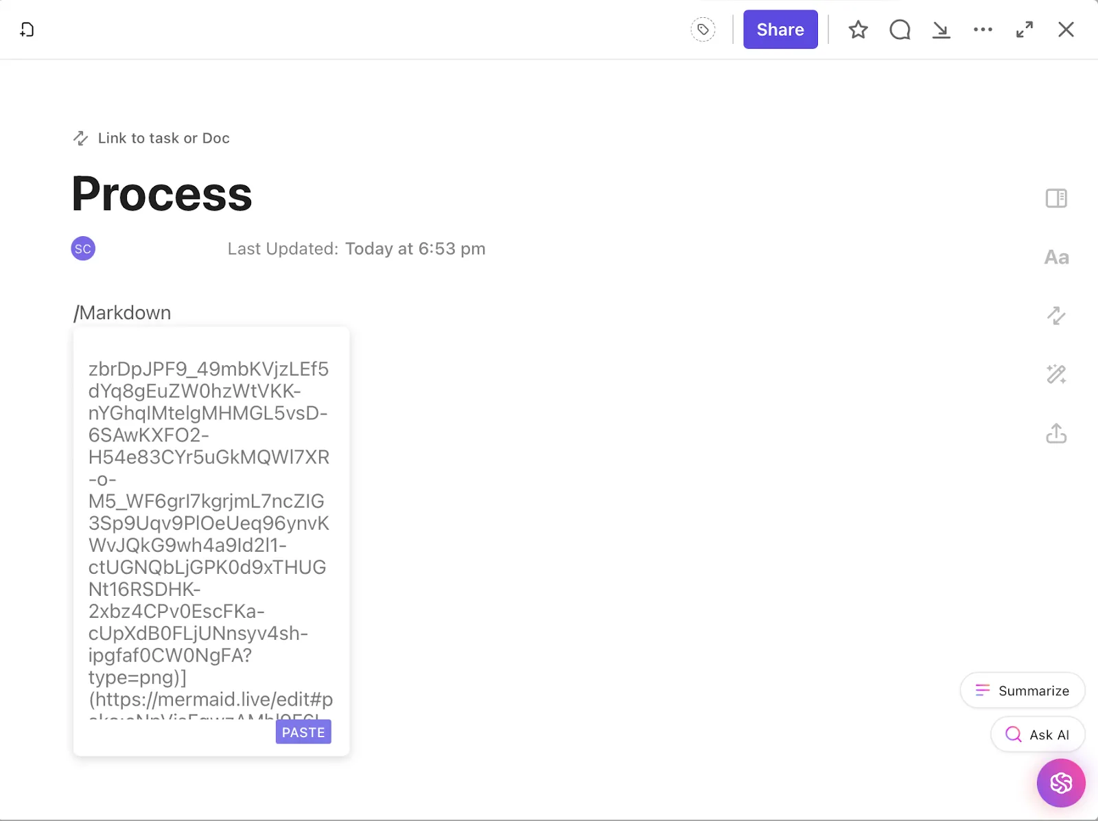 เลือก Markdown เพื่อวางโค้ดของคุณใน ClickUp Docs