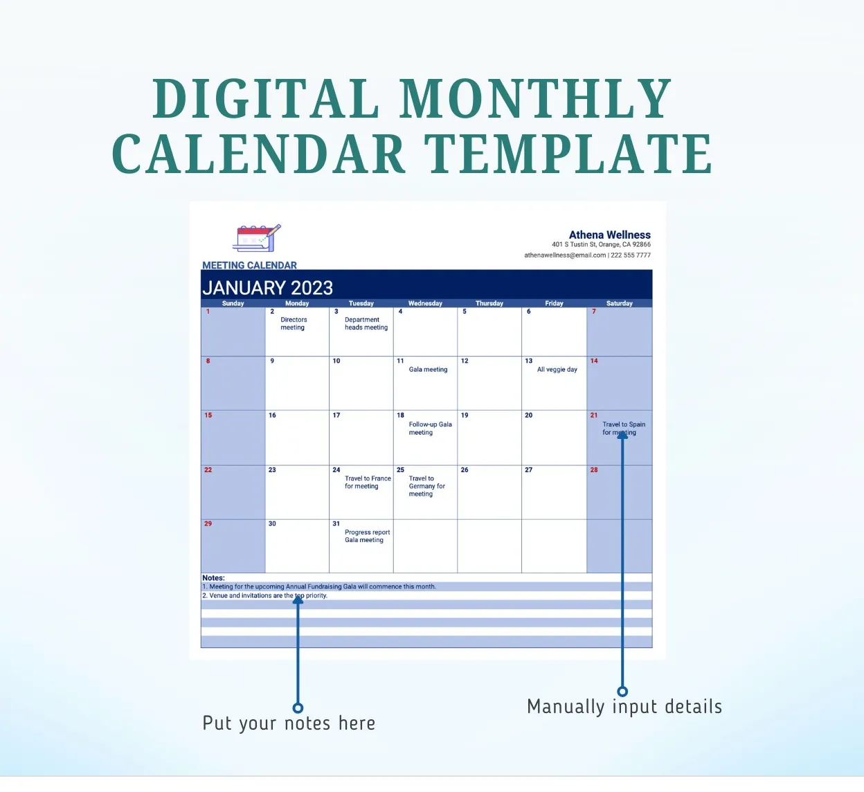 Digital månadskalendermall för Google Sheets från Template.net