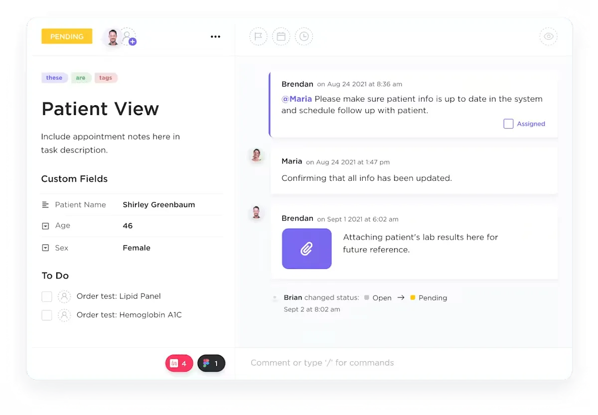 ClickUp обединява таблото за работната среда в здравеопазването, което позволява сътрудничество между различни отдели.