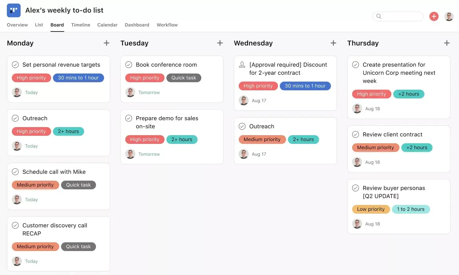 เทมเพลตรายการสิ่งที่ต้องทำใน Asana: จัดระเบียบลำดับความสำคัญและงานประจำสัปดาห์เพื่อให้คุณติดตามงานระยะสั้นได้อย่างมีประสิทธิภาพ