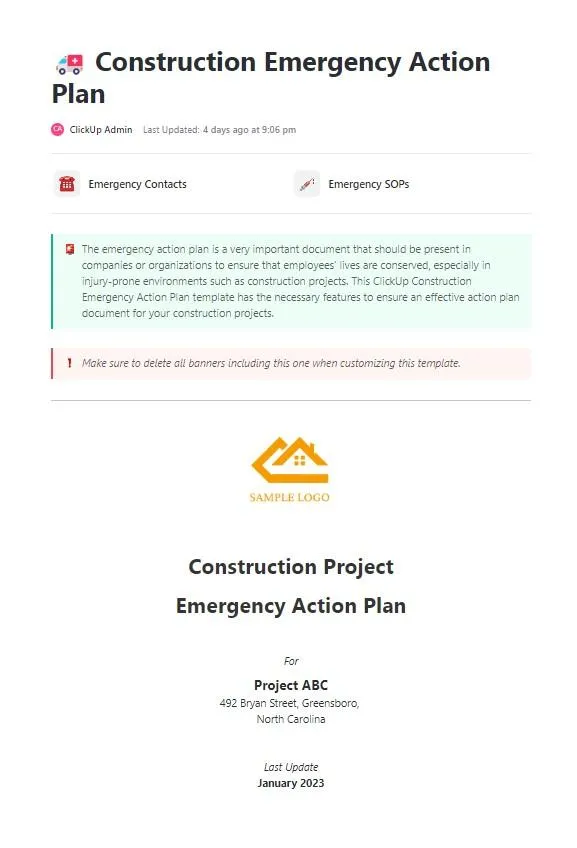 mẫu biểu mẫu đơn đặt hàng thay đổi xây dựng: ClickUp Mẫu hành động khẩn cấp trong xây dựng