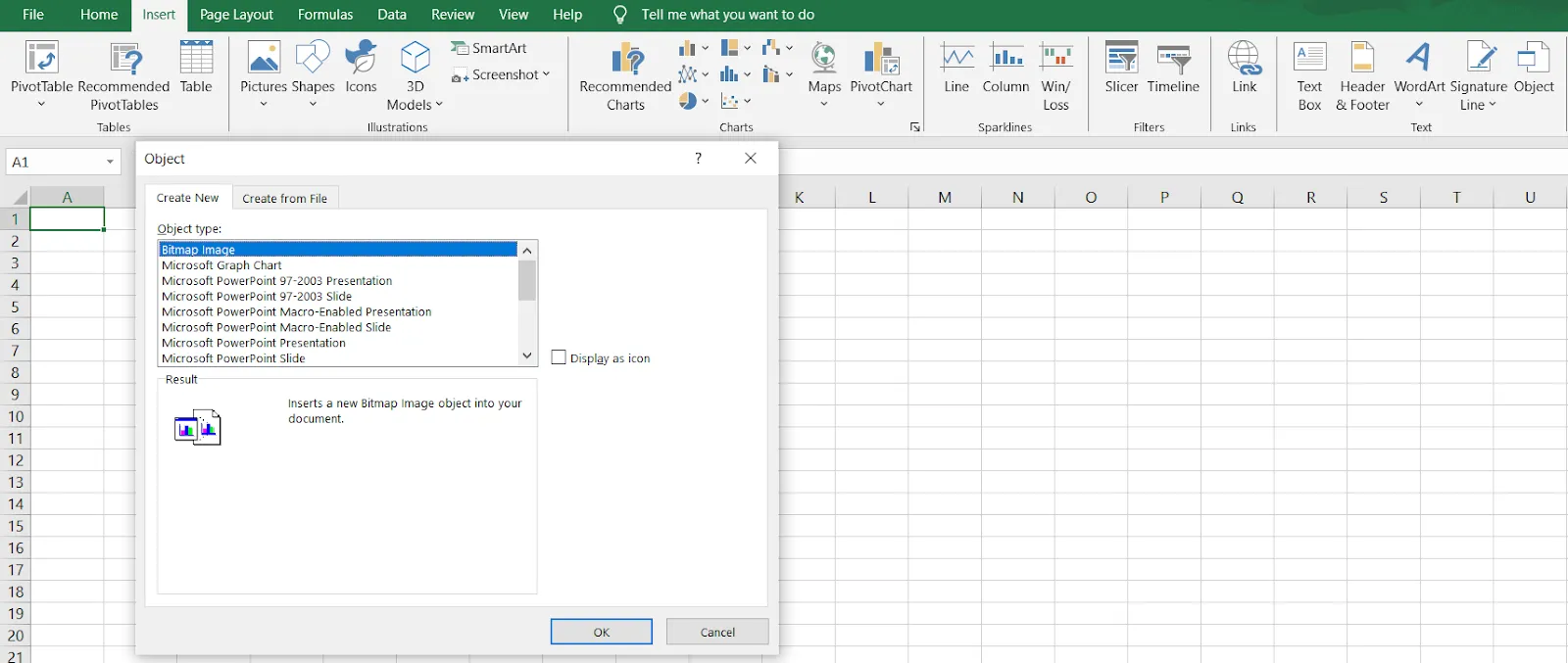 Excel-Fenster „Objekt einfügen“ zum Einbetten einer PDF-Datei in Excel.