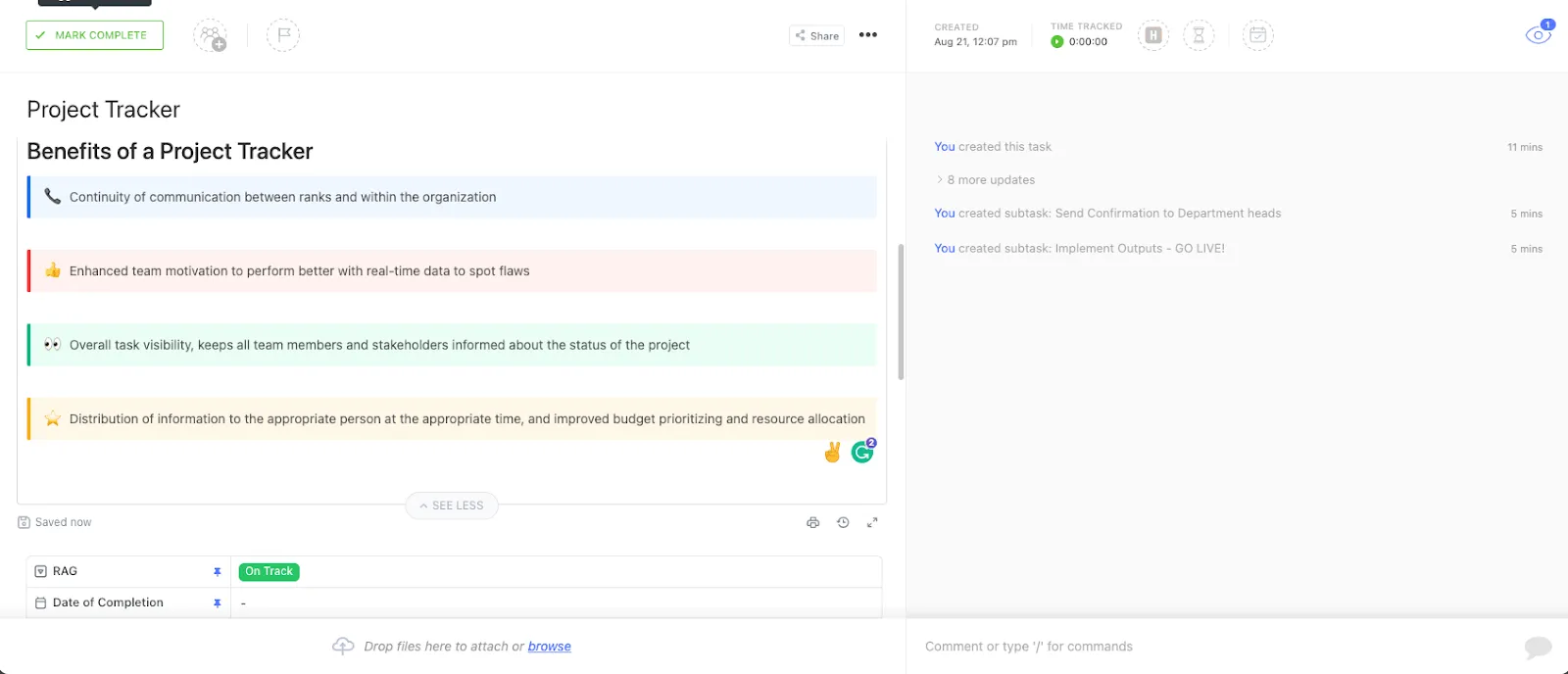 Modello di monitoraggio delle sovvenzioni ClickUp, ovvero un modello di monitoraggio dei progetti di sovvenzione.