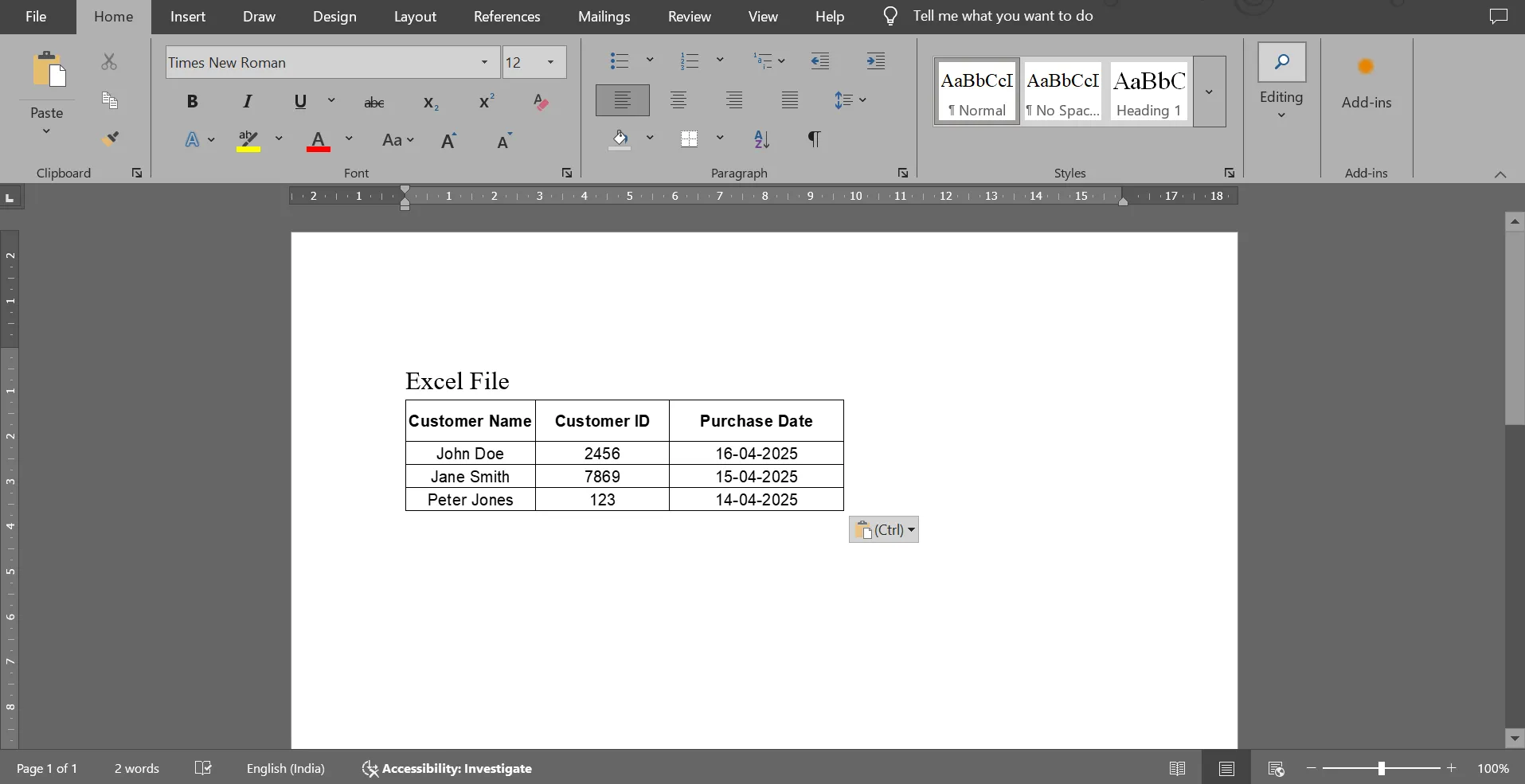 Obtendrá su tabla tal cual: cómo insertar Excel en Word.