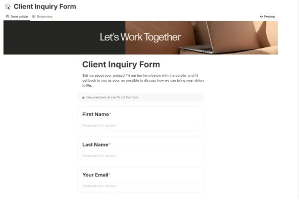Template CRM Notion: Formulir Pertanyaan Klien oleh TingDesign