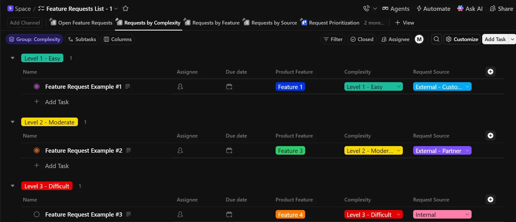 Modelo de lista de solicitações de recursos do ClickUp