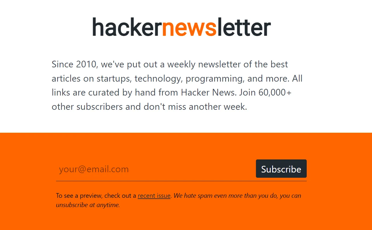 Ảnh chụp màn hình trang chủ của hackernewsletter