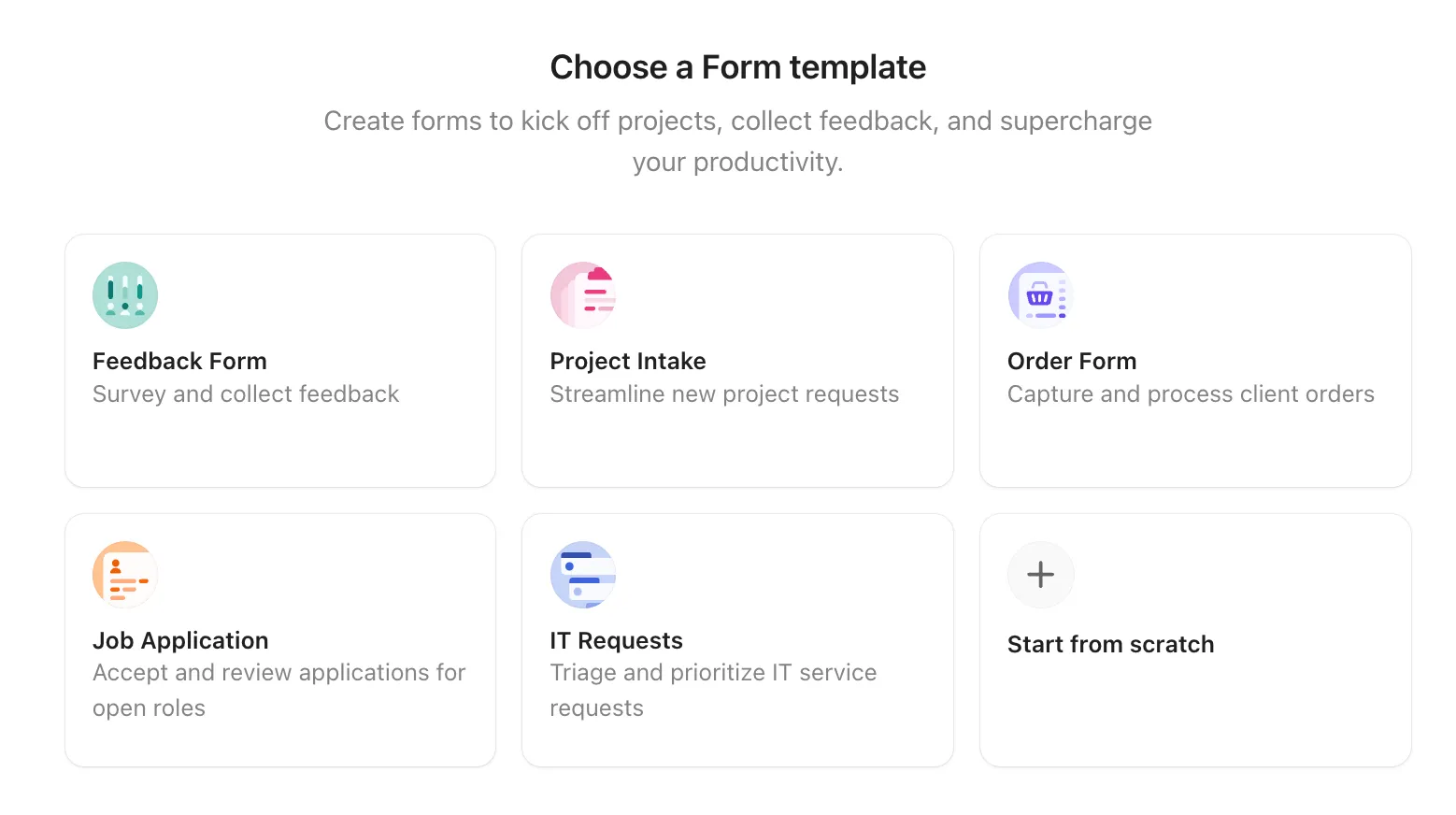 เลือกเทมเพลตแบบฟอร์มหรือเริ่มต้นจากศูนย์ใน ClickUp Forms