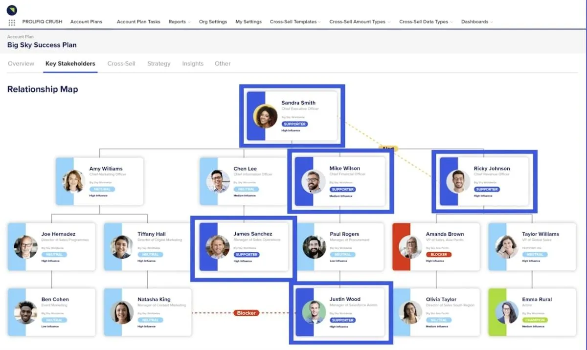 Software de mapeo de relaciones: ejemplo de un mapa de relaciones creado en Prolifiq.