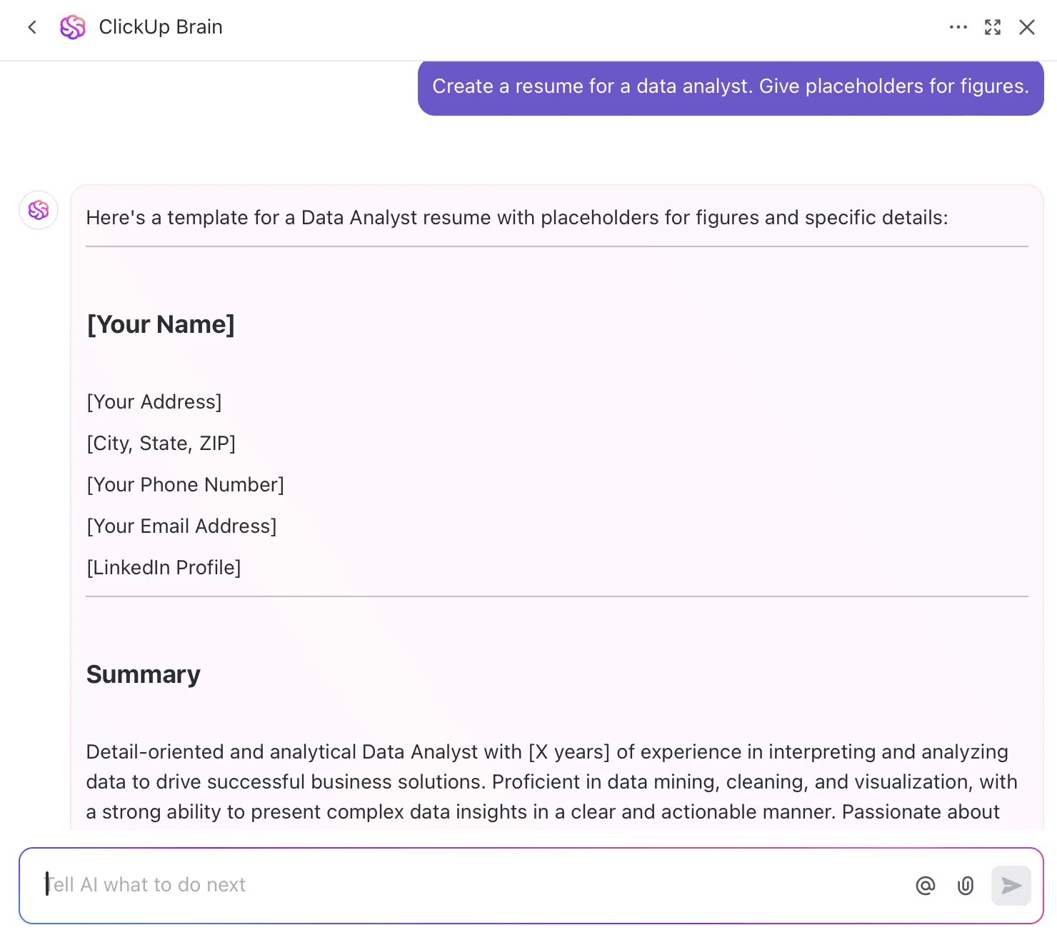 Dicas para currículos: use o ClickUp Brain para criar seu currículo