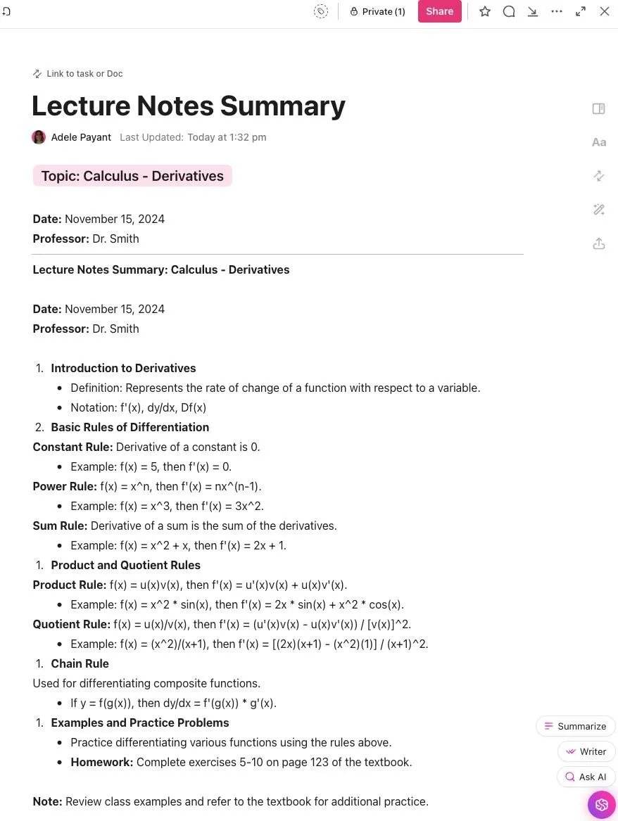 Utilisez ClickUp Docs pour vos notes de cours