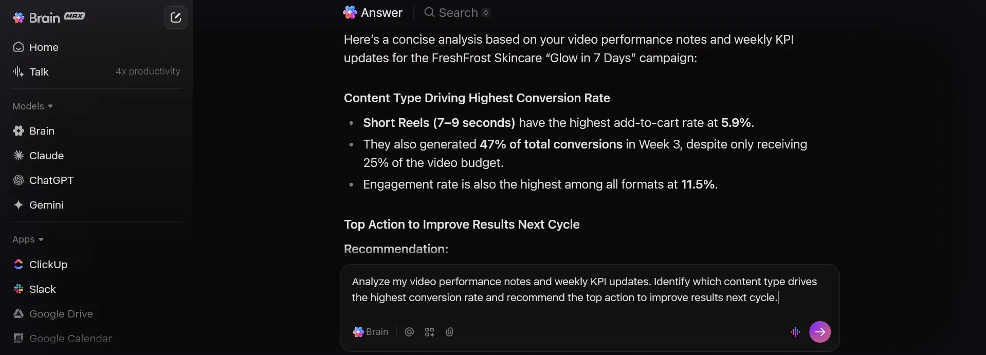 تحصل الرؤى المدعومة بالذكاء الاصطناعي على تحليلات وتوصيات قابلة للتنفيذ لحملاتك التسويقية باستخدام ClickUp Brain.