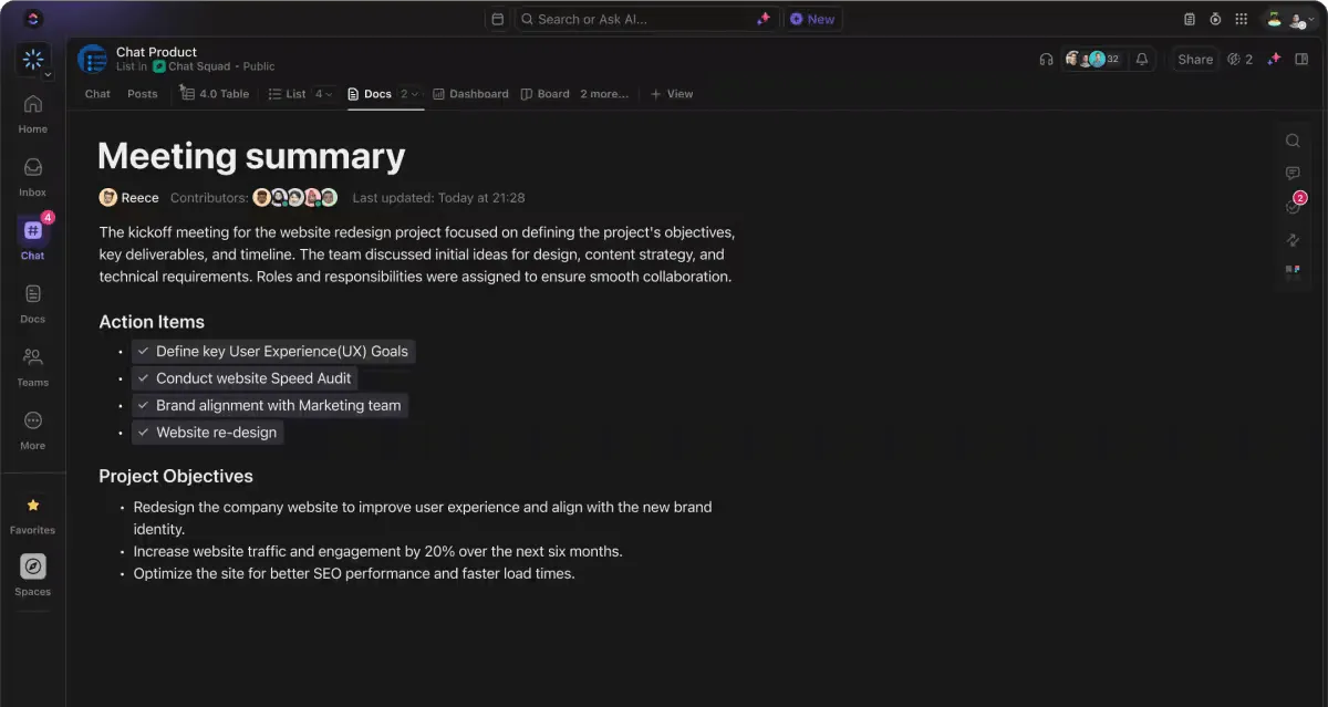 Fique por dentro de tópicos importantes e itens de ação no ClickUp Chat e no AI CatchUp.