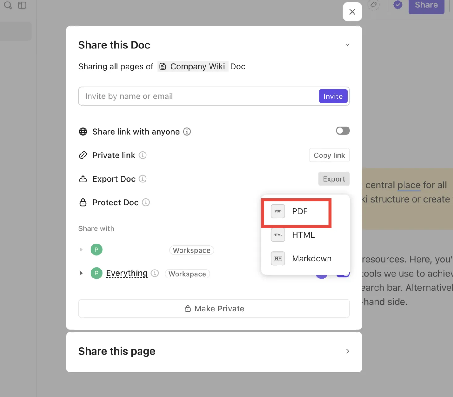 Option « Exporter au format PDF » de ClickUp Documents : comment enregistrer des notes au format PDF