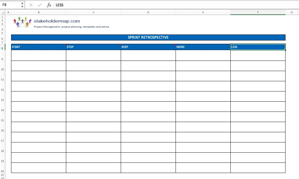 Plantilla de retrospectiva de sprint para Excel