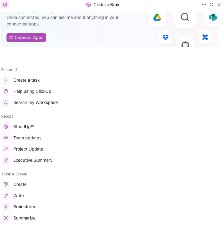 Získejte aktualizace úkolů, vyhledávejte soubory, vytvářejte nebo shrňujte aktualizace a mnoho dalšího s ClickUp Brain.