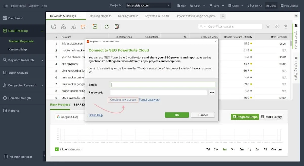 Flecha que apunta al enlace «Crear una nueva cuenta» en SEO PowerSuite.